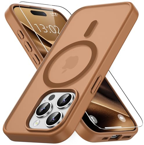 Vansdon Cover Magnetica per iPhone 15 Pro con 1 Pezzi Vetro Temperato | Marrone caffè, Compatibile con Magsafe, Protezione anticaduta di livello militare, Custodia Traslucida Opaca Sottile Antiurto