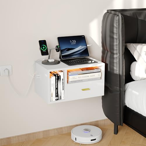Table de Chevet Suspendue avec LED RGB et 1 Prise Secteur/2 Ports USB,Table de Nuit Suspendue avec 1 Tiroir et 2 étagères Ouvertes,46.5x30x25.5 cm,Convient aux Chambres et aux Salons(Blanc)