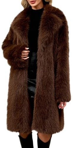 szvbofueck Women's Long Winter Coat, Faux Fur Coat Lapel Suede Jacket Long Sleeve Faux Fur Coat Knee-Length Plush Coat Fluffy Soft Cozy Coat Aesthetic Thermal Jackets Plain Cardigan, coffee, XXL