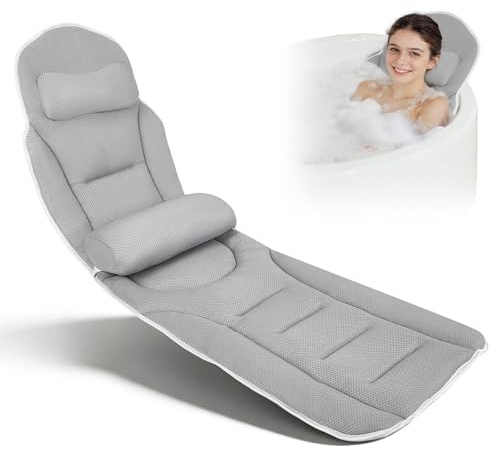 Eirolace Coussin de Bain Complet, Oreiller de Bain pour Baignoire 131x38cm, Matelas Baignoire avec Appui-tête et Coussin Lombaire Amovible, Crochet de Suspension, Soutien de la Nuque et du Dos(Gris)