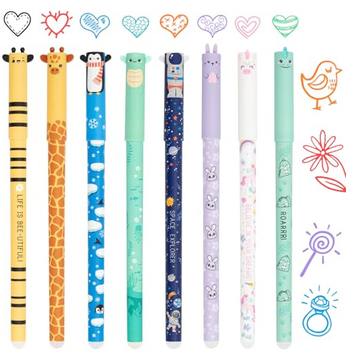Zouwel Erasable Pens, 8 PCS Erasable Gel Pens with Animal Motifs Designs, 0.5 mm Erasable Ballpoint Pen for School & Office Supplies (8pcs)