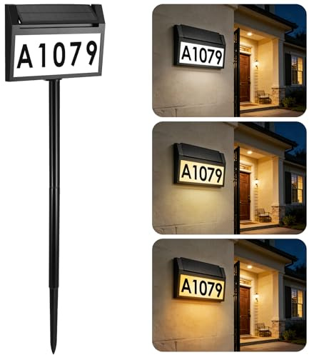 Numéro de Maison, Numero de Maison Exterieur, lumineux solaire à LED, 3 modes d'éclairage, IP65 étanche extérieur, avec chiffres 0-9 et lettres A-Z, pour montage sur poteaux, mur et sol