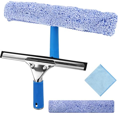 HZOUHONG 2-i-1 fönsterputsare, fönsterrengöringssats, fönsterskrapa och mikrofiber fönstertorkare, manuell fönsterputs, professionell fönsterrengöringsset, för badrum, dusch, glas, spegel, bil