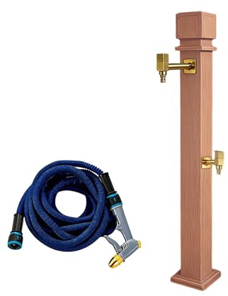 Colonna d'Acqua da Giardino in Acciaio Inox 304, Fontana da Esterno Effetto Legno Resistente al Gelo con Doppio Rubinetto e Pistola da 15m(D,91.5cm/36in)