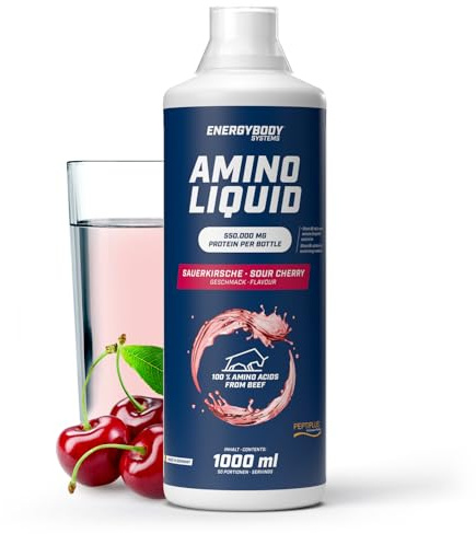 Energybody Amino Liquid Sauerkirsch 1 L, Aminosäuren flüssig | aus Protein Hydrolysat, Liquid Aminos, bioaktive Kollagenpeptide, für Muskel- & Sehnenstrukturen
