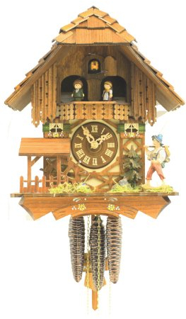 Rombach & Haas Klassische Kuckucksuhr Naturholz mit sich bewegendem Mühlrad und Tänzern 1-Tagwerk 31 cm