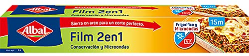 Albal Film transparent 2 en 1 pour réfrigérateur et micro-ondes, papier film, très résistant, très adhésif, très facile à couper, scie à arc, 15 m