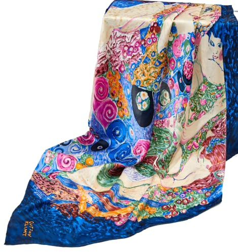 Prettystern Damen 90X90 CM Seidentuch halstuch Kunstdrucke Malerei Seidenschal 100% Seide Gustav Klimt - Jungfrau blau P650