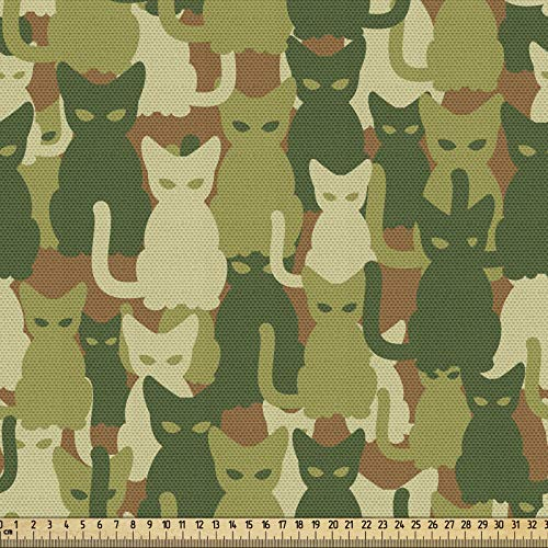 ABAKUHAUS Katze Gewebe als Meterware, Kätzchen Silhouetten Dschungel, Schön Gewebten Stoff für Polster und Wohnaccessoires, 1M (148x100cm),Dunkelgrün Creme Grün