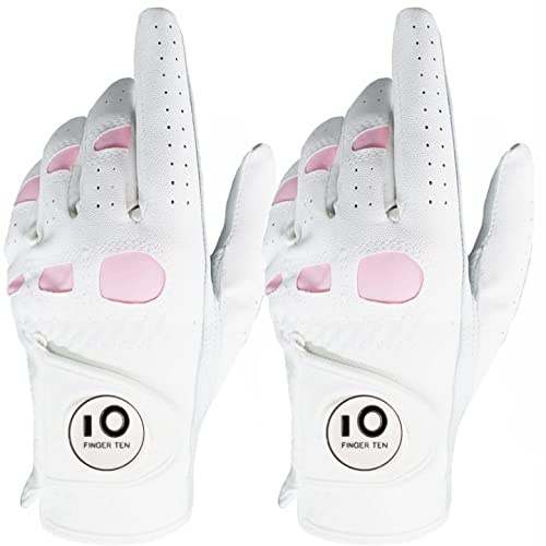FINGER TEN Gants De Golf Femme Main Gauche Droite en Cuir Cabretta Marqueur De Balle， Gant Durable Confortable Doux Taille S M L XL