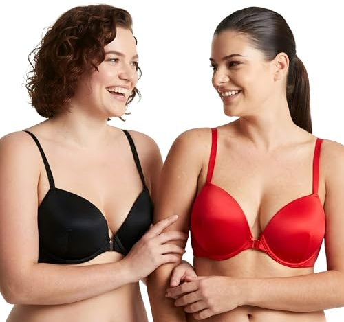 Curve Muse Empuje hacia Arriba para Mujer Agregue 1 y Media Copa con Aros Halter con Frente Cierre Cerrado Sujetadores-Paquete de 2-Negro,Rojo-105B