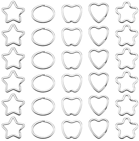 Yangfei 30 Stück Spaltringe aus Metall, Schlüsselring, Schlüsselanhänger, Metall, in 5 verschiedenen Formen, Metallringe, in Herzform, Blume, Stern, Apfel und Oval, Weiß, S, Schlüssel, Weiß, S,