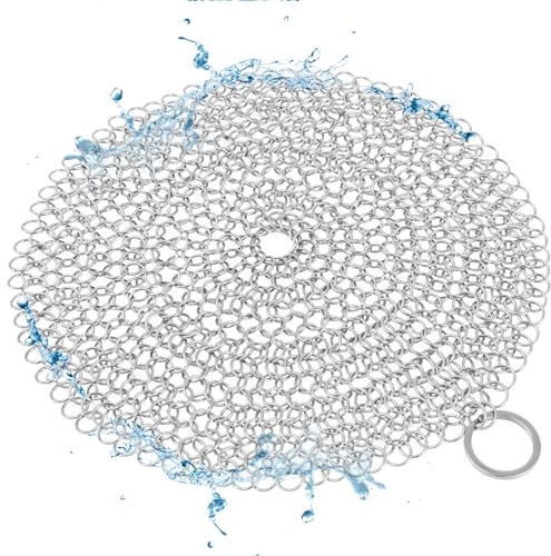 Detergente per anelli in ghisa, 20 cm, in acciaio inox, efficace pulitore rotondo per catena con occhiello per appenderla, per vetreria, padelle (argento)