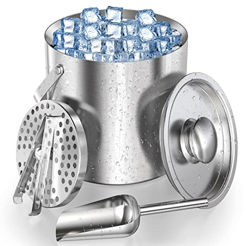 Homeasy 3L Stainless Steel Double Wall Ice Bucket Set with Lid, Tongs, Scoop & Strainer for Bar - Keeps Contents Cold & Dry for Party, Beer, Champagne & Wine