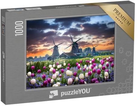puzzleYOU: Puzzle 1000 Teile „Niederländische Windmühlen in Zaanse Schans“ – aus der Puzzle-Kollektion Tulpen, Holland, Windmühlen