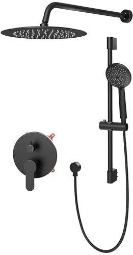 Gabrylly Shower System Black, Wall Mounted Slide Bar Shower Faucet Set Complete,High Pressure 10 Rain Shower Head with 5-Setting Handheld Shower,Shower Combo Set with Shower Valve