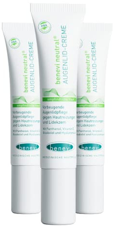 benevi Augenlid-Creme 3 x 15ml für trockene, empfindliche Augenlider. Kein Fettfilm. Auch als tägliche Augenlidpflege bei zu Lidekzemen, Neurodermitis oder Rosacea neigender Haut.