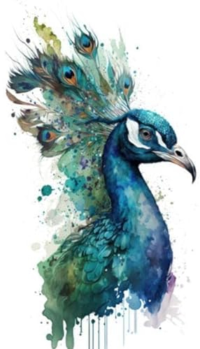 Acryl-Bild 80 x 120 cm: Illustrationspfau im Aquarell. Tier auf weißem Hintergrund. Generative KI (199819930)