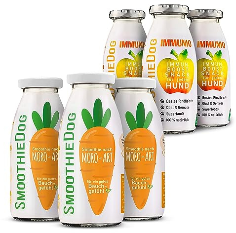 Hunde Smoothie SmoothieDog 6er Mix - je 3X: Immunio (Rind), Morosuppe - Flüssiges Hundeleckerli - Hundesmoothie bei Durchfall - Zucker- & glutenfrei - je 250ml