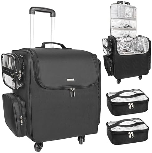 Relavel Rolling Makeup Train Case, Hairstylist Traveling Bag with 4 Wheels, Heat Insulation Full Layer, Adjustable Dividers, Hair Tools and Cosmetics Storage Organizer Trolley Suitcase Makeup Cart