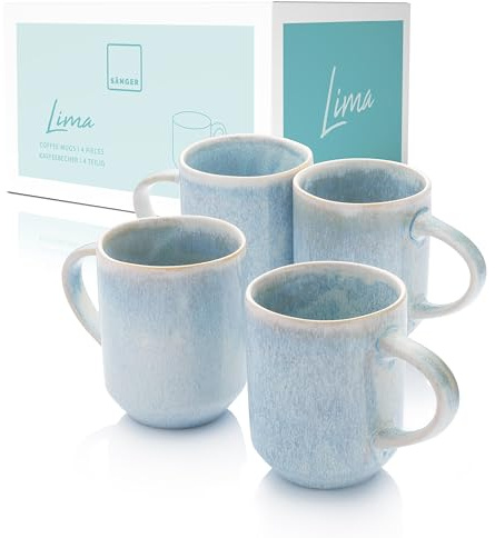 Sänger | Tassen Set Lima 4 tlg, Kaffeetassen Set 4 Personen, Steingut Becher Spülmaschinenfest, Handmade Teetassen Set Blau Türkis mit Hellem Farbverlauf & Beigem Rand 410 ml | PREMIUM COLLECTION