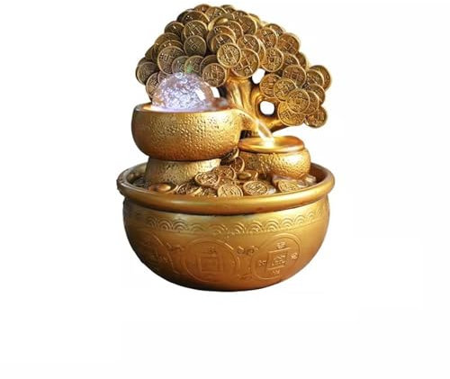Fuente de Agua Pequeña en Cascada Interior Árbol del dinero, decoración de agua corriente, fuente de oficina, sala de estar, decoración de escritorio, fuente de mesa china de resina Decoración Feng Sh