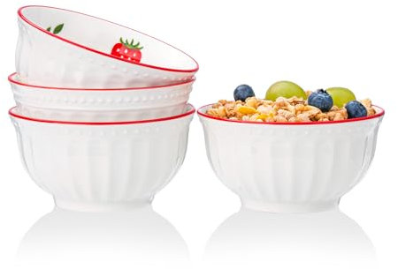 10 oz Small Cereal Bowls Set of 4, Dessert Bowls for Kids Ice Cream Soup Rice Fruit - Cute Strawberry Pattern