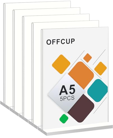OFFCUP Acryl Display Ständer, 5 Stück Acryl Tischaufsteller A5, T-Ständer Aufsteller Doppelseitiger Vertikaler Tischaufsteller Ständer Menükartenhalter für Restaurants, Cafés, Büros, Fotos