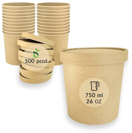 ECOPICNIC Ciotole in Carta Kraft con Coperchio in Carta Kraft 750 ml - Confezione da 500 Pezzi | Contenitori Monouso Biodegradabili per Zuppe, Gelati e Alimenti da Asporto