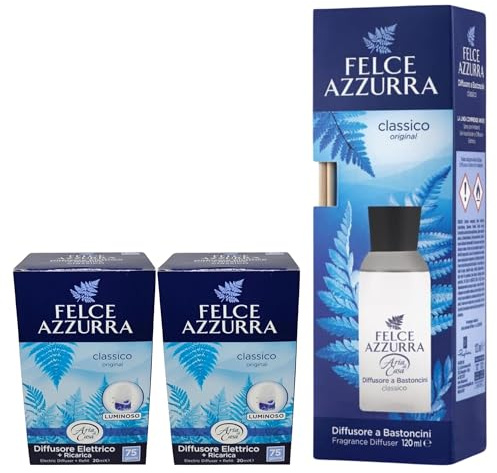 Felce Azzurra, Aria di Casa, Diffussore Elettrico Luminoso + Ricarica da 20ml, CLASSICO (2 Unità) + Diffusore a Bastoncini CLASSICO 120ml