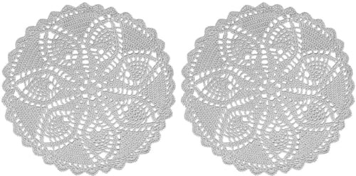 BOMHCS Juego de 2 manteles individuales redondos de ganchillo de 10 a 11 pulgadas, para cocina, taza de té, mesa de café, bar, manteles individuales hechos a mano (gris claro, 10 a 11 pulgadas, 2