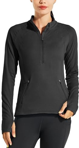 Willit Giacca da corsa in pile da donna, termica, da equitazione, da golf, a maniche lunghe, mezza cerniera, per esercizi invernali, Nero , S