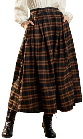 Scarlet Darkness Plaid Skirts for Women High Waist Long Skirt with Pockets, Orange Plaid, L