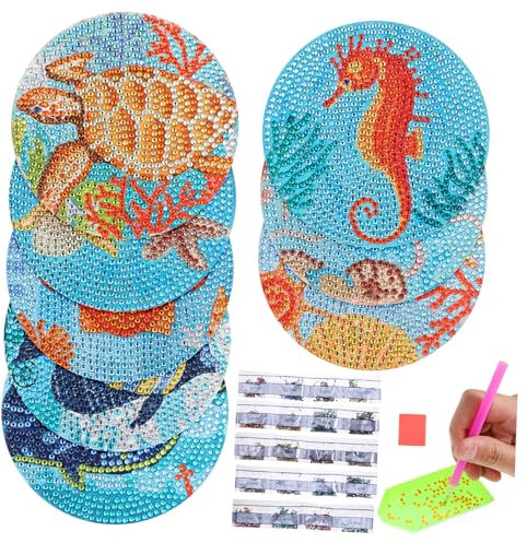 VINTORKY 8stücke Teiliges Set Ocean Creature Diamond Malerei Untersetzer Runde Selbstklebende Untersetzer Für Kreative Bastelprojekte Für Zuhause Und