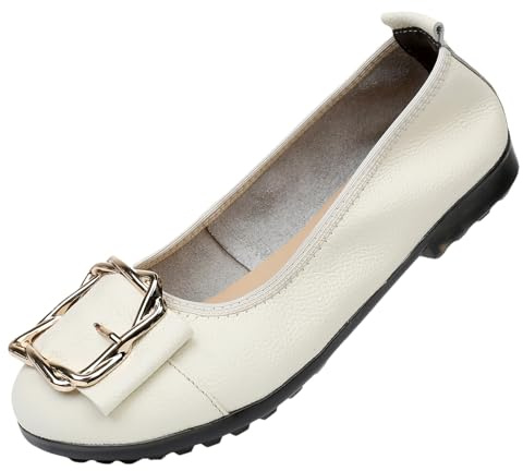 ANUFER Women's Genuine Leather Ballerinas Fashion Metal Buckle Soft Flat Pumps Shoes Beige SN070535 EU41.5