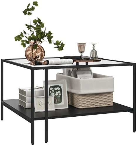 HOMCOM Mesa baja mesa cuadrada de salón 2 niveles con tapa de cristal templado, 1 estante inferior, diseño minimalista, dim. 73 x 73 x 46,5 cm, color negro