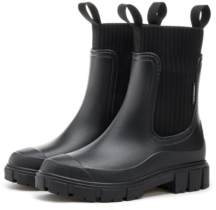 MIEHUIAI Botas de Agua Mujer Chelsea Impermeables Botas de Lluvia Botines de Caucho Comodos Antideslizante Zapatos de Jardin Rain Boots(Negro,40 EU)