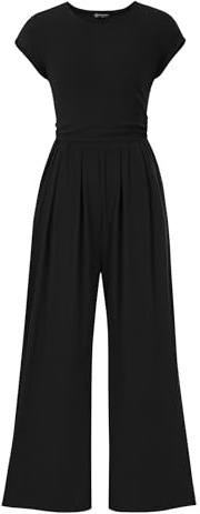 PRETTYGARDEN Summer Jumpsuits for Women Dressy 2026 Ribbed Cap Sleeve Wide Leg Pants Rompers Elegant Casual One Piece Outfits (Black,Medium)