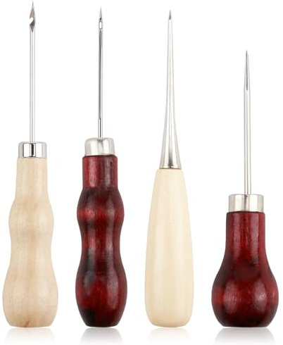 4stück Ahle Mit Holzgriff，Locher Nähahle Werkzeug Mit Unterschiedlichen Funktionen，Vorstecher Für Leder Set，Awl，Prickelnadeln，Rundklinge Ahle/Hohlkegel/Hakenkopfahle，Zum Ledernähen, Reparieren,DIY
