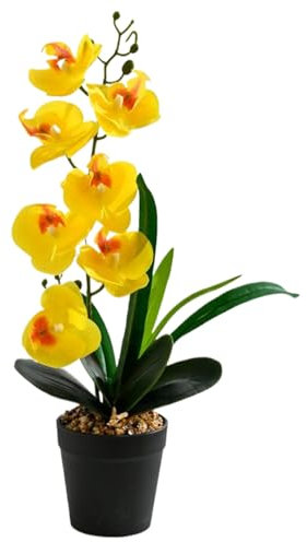 Peosaard Künstliche Orchideen im Topf, gelbe Kunst Orchidee mit 7 nkopf & 4 Blatt, echte Touch Dekorative Seidenn für Zuhause, Büro, Hochzeit/17 Zoll