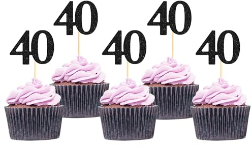 Sotpot 40th Birthday Cheers to 40 Years Cupcake Toppers Black Glitter 30 pack for 40th Birthday Wedding Anniversary Party Decor Supplies