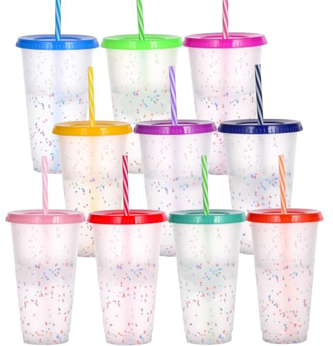 Yisituo Bicchieri da 710 ml, con coperchio e cannucce, confezione da 10 bicchieri riutilizzabili in plastica che cambiano colore, per feste, viaggi, granite e frappè, caffè freddo (10, arcobaleno)