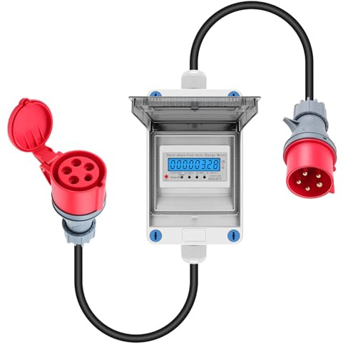 Compteur Electrique Mobile Triphasé, 32 A 400 V Compteur Numérique Mobile | avec Fiche CEE et Connecteur, Compteur Mumérique Mobile avec Fonction de Réinitialisation, Câble de 2 m