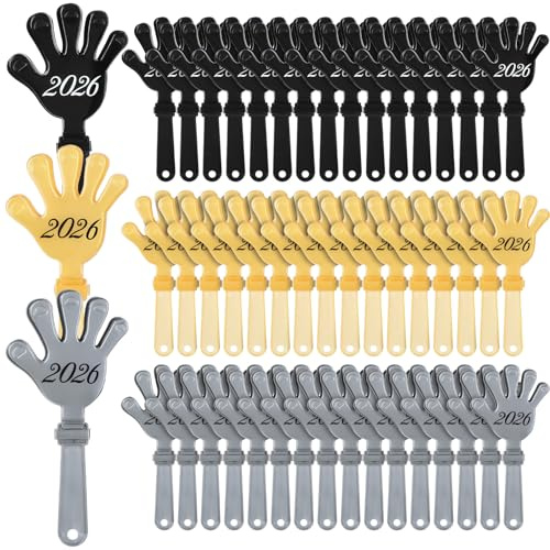 Gemscream 48 Pcs 2026 Graduation Hand Clappers Noisemakers Graduation Glitter Clappers Noisemakers Black Silver Gold Plastic Clapping Hands for Birthday Party Favors Supplies, 7 in