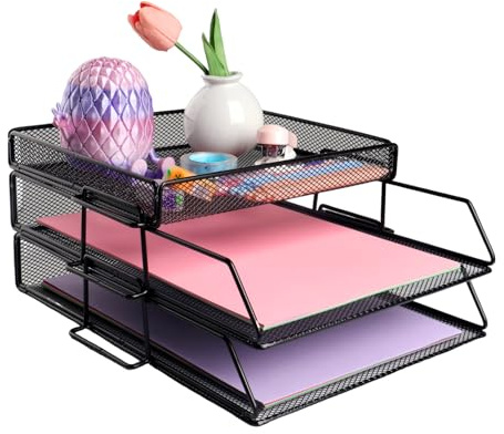 EasyOFC Organizador de escritorio de malla de 2 niveles, soporte para archivos de oficina con almacenamiento de papelería, organizador de documentos y cartas con soporte superior para papelería, color