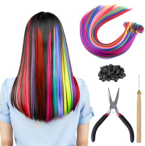 Set De Extensiones De Cabello De Colores, 100 Piezas, Extensiones De Clip, Extensiones Infantiles, Mechas Coloridas, Perfectas Para Cosplay Y Fiestas