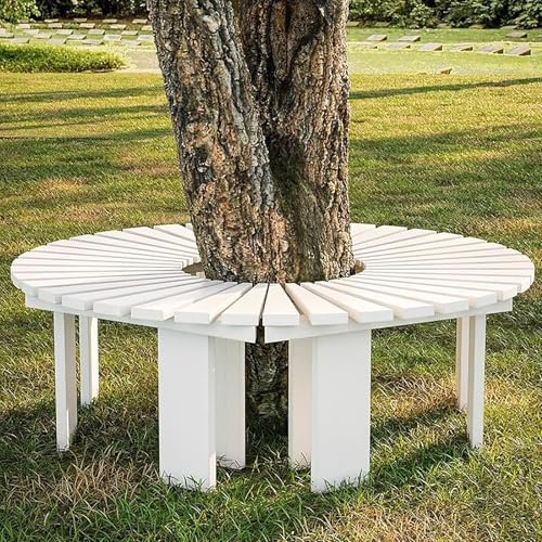 Böjd trävira runt trädbänk rygglös utomhussittplatser för trädgård innergård pool veranda och park – elegant vit finish