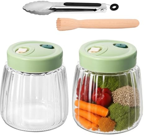 2 Tarros de Fermentación de Vidrio 1400ml con Doble Válvula, Fermentador Multiusos, con Pinzas y Machacador de Fermentación, Tarros de Conserva , Frascos Herméticos, para Encurtidos, Chucrut