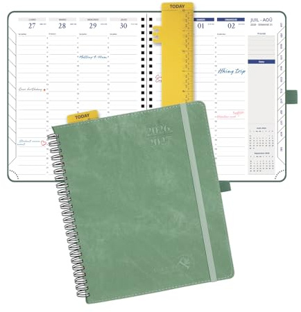 POPRUN Kalender 2026 2027 Wochenplaner A5+ Spiralbuch auf Deutsch | 18 Monate Monatskalender,(Jul.2026-Dez.2027),mit PU-Leder Softcover,mit 30-Minuten-Taktung & Monatsregister(Mitternachtsgrün)