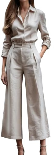 Smart vardaglig arbetsdräkt för damer, träningsoverall för kvinnor – elegant business kontor arbete Co Ord set casual blusar långärmad och hög midja vida ben byxor passar vår höst outfit, BEIgE, XL
